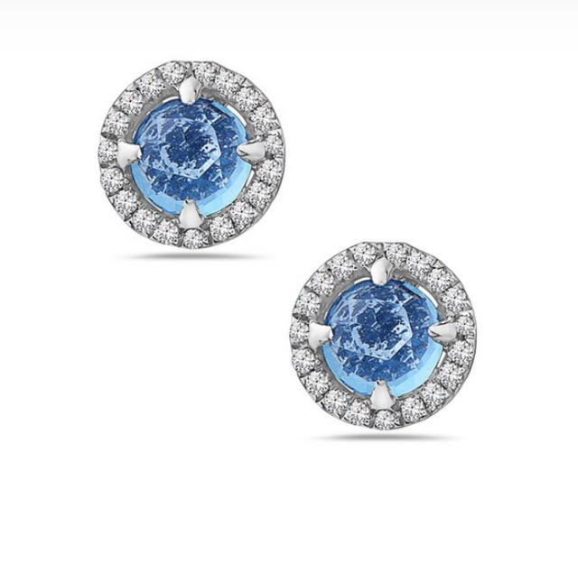 Blue Topaz and Diamond Halo Post Earrings
