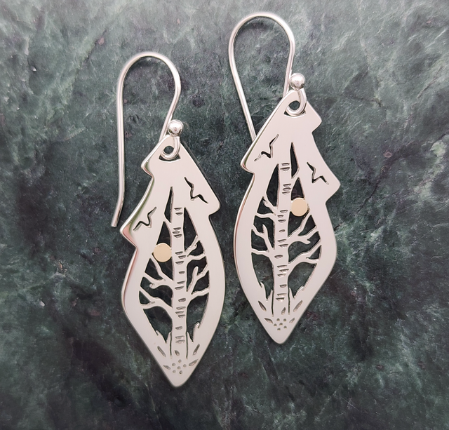Birch Tree with Birds and Sun Earrings