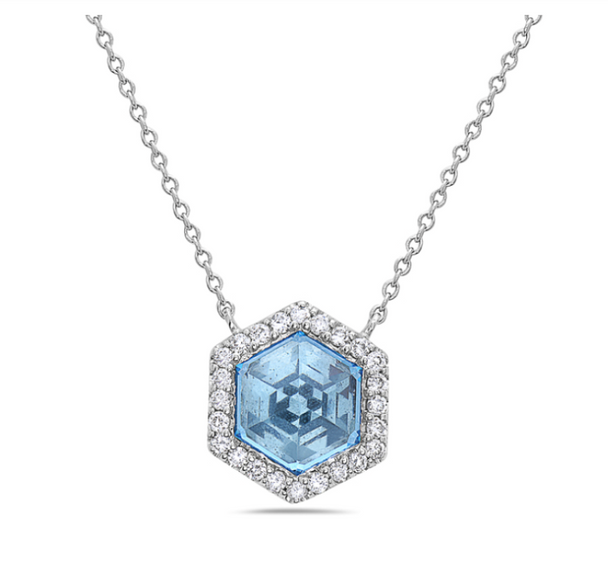 Hexagon Shaped Blue Topaz and Diamond Necklace