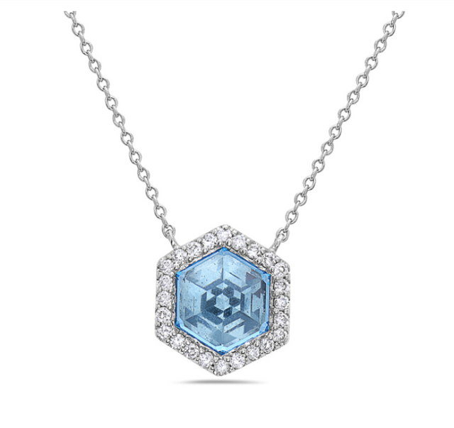 Hexagon Shaped Blue Topaz and Diamond Necklace