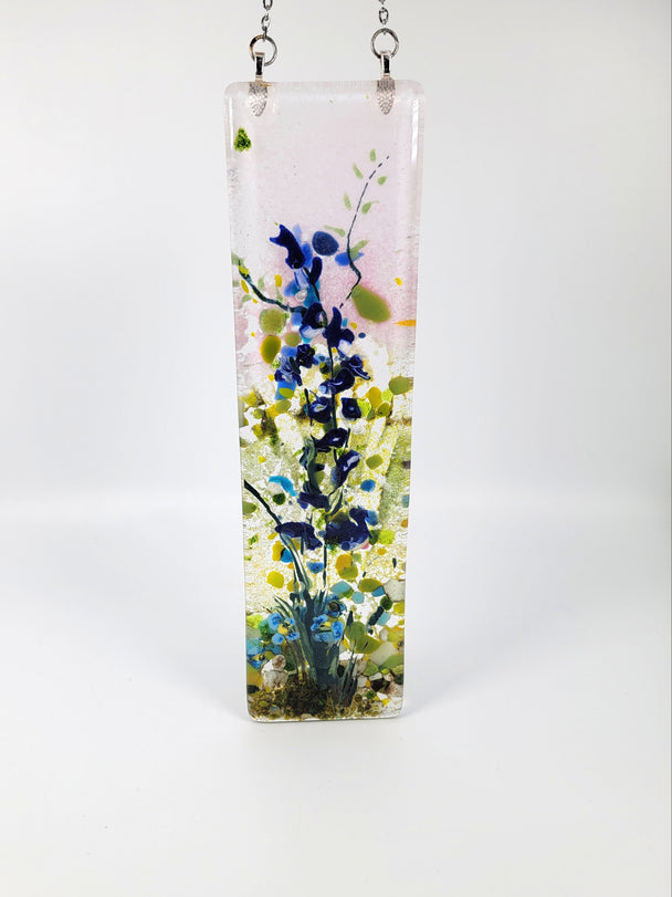 Pink Sky with Blue Flowers Painted in Fused Glass Hanging Panel