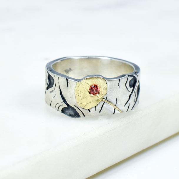 Aspen Allure with Red Sapphire in Leaf Ring
