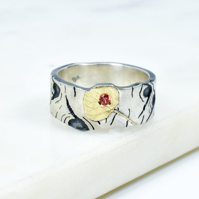 Aspen Allure with Red Sapphire in Leaf Ring