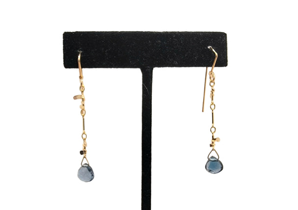 Gold Dangle earrings with deep blue topaz stones