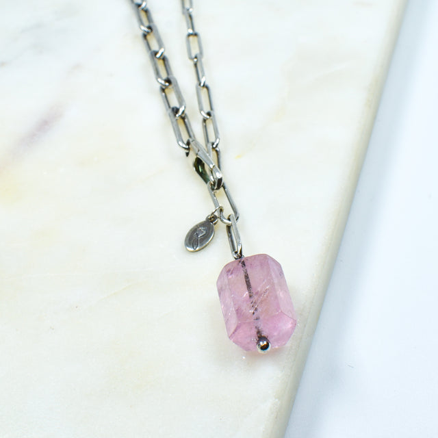Morganite Silver Paper Clip Necklace
