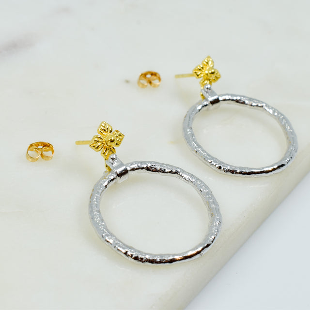 Hammered Two Tone Hoop Post Earrings