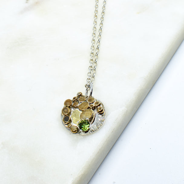 Gold and Silver Forged Pendant With Peridot Necklace