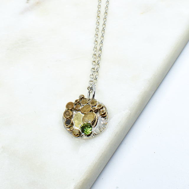 Gold and Silver Forged Pendant With Peridot Necklace