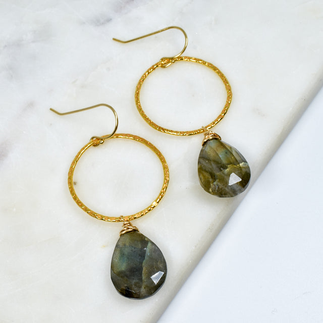 Top Wrapped Labradorite and Gold Fill Circle Earrings