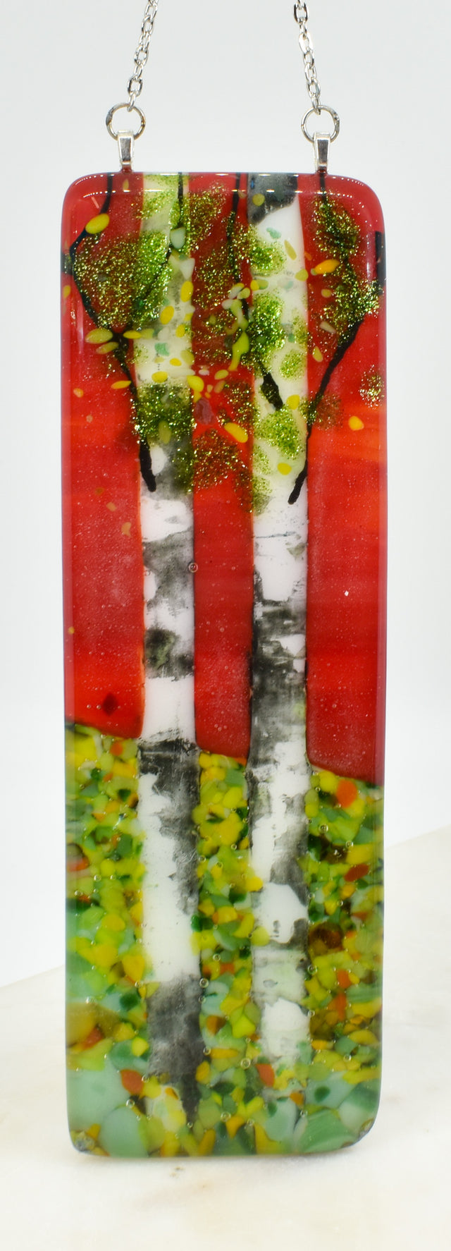 Small Birch Trees and Red Sky Window Hanger