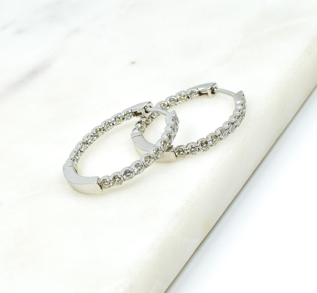 14K White Gold Inside Out Oval Diamond Hoops