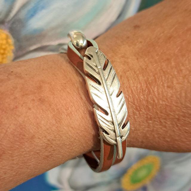 Tan and Turquoise Edge Feather Silver Bracelet