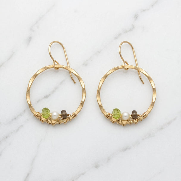 Peridot, Pearl, and Smoky Quartz Hoop Earrings