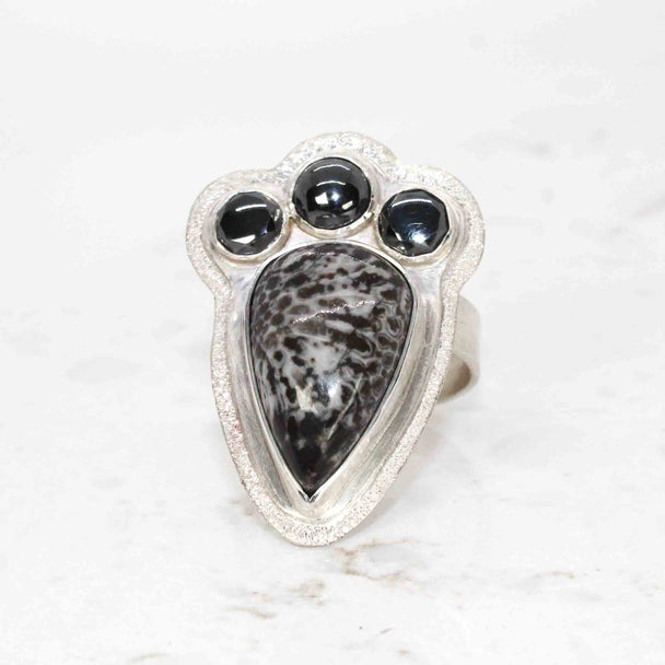 Fossil Coral and Hematite Ring