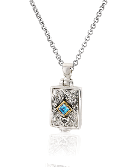 Small Blue Topaz Rectangle Locket Necklace, Blue Topaz Gemstone, Vermeil Locket, Sterling Silver and 18K Gold, By Anatoli Jewelry