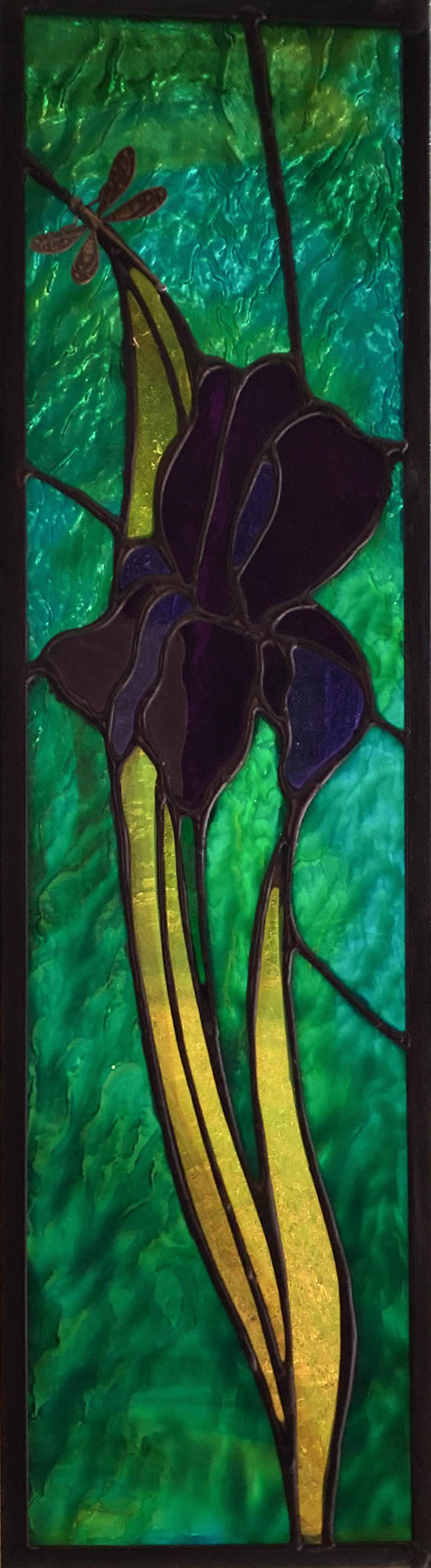 Purple Iris Elegance With Dragonfly Stained Glass Window
