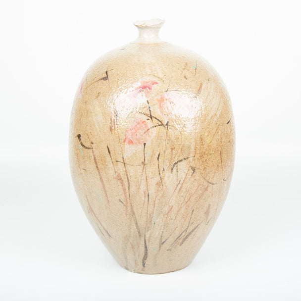 Large Tan With Flowers Bottle, Rich Agness, Stoneware, Plum Bottom Gallery