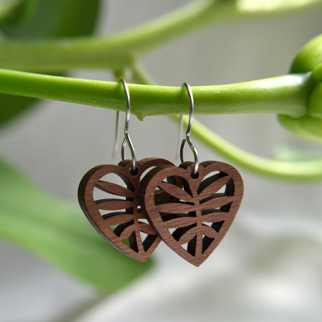 Leafy Heart Cherry Wood Earrings