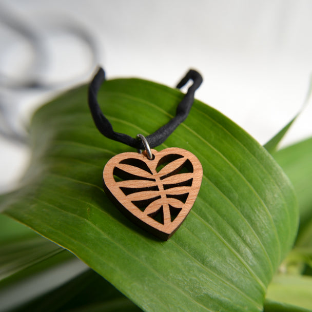Leafy Heart Cherry Wood Necklace