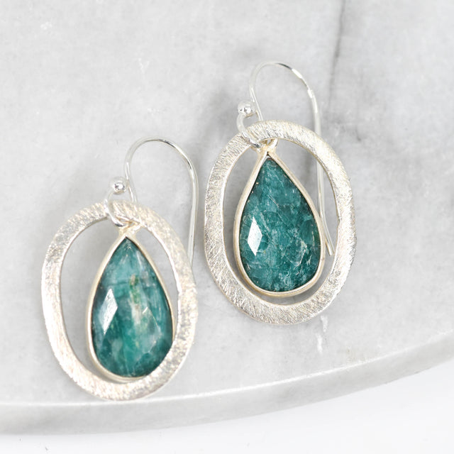 Emerald and Silver Oval Earrings