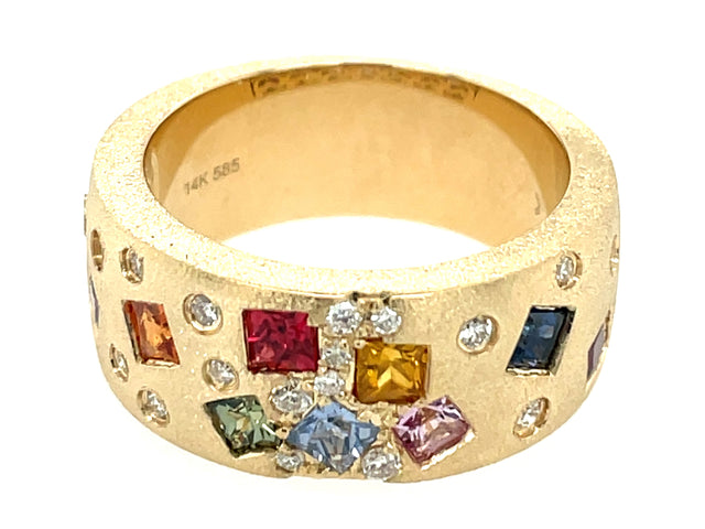 Princess Cut Rainbow Sapphire and Diamond Flush Ring
