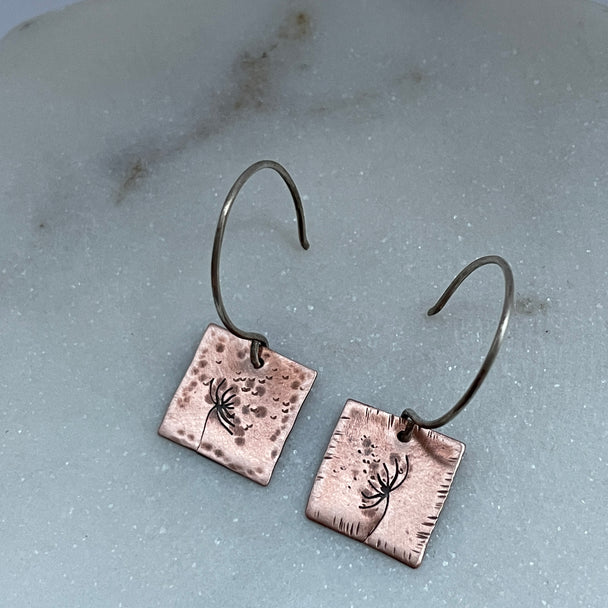 Square Dandelion Earrings Copper