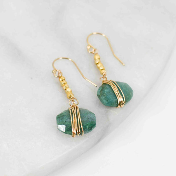 Wrapped Chrysocolla and Gold Ball Earrings