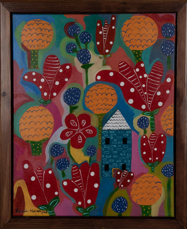 Floral Fantasy With House by Valerie Weberpal, Framed Acrylic Painting, Plum Bottom Gallery