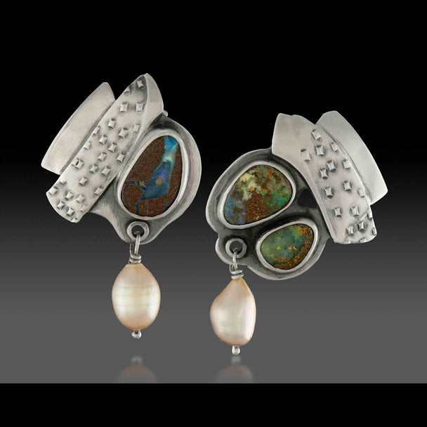 Boulder Opal and Pearl Post Earrings