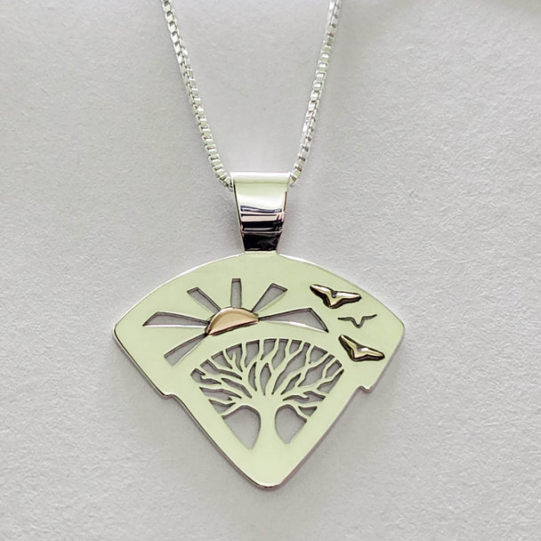 Leafless Tree, Sun, and Birds Necklace